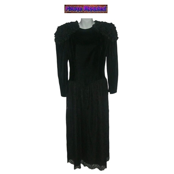 Jessica McClintock Vintage 80s Black Wedding Dress Oxblood Lace Silk Velvet Goth - Picture 13 of 13